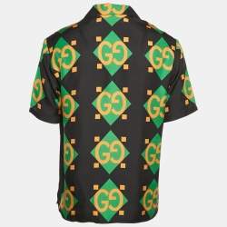 Gucci Black Geometric Logo Print Silk Short Sleeve Shirt XS