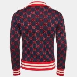 Pre Owned Gucci Navy Blue GG Jacquard Cotton Knit Zip-Up Jacket S