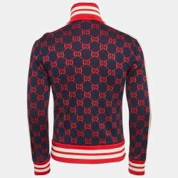 Pre Owned Gucci Navy Blue GG Jacquard Cotton Knit Zip-Up Jacket S