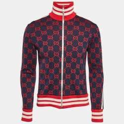 Pre Owned Gucci Navy Blue GG Jacquard Cotton Knit Zip-Up Jacket S
