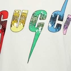 Gucci Cream Logo Embellished Cotton Crew Neck T-Shirt M