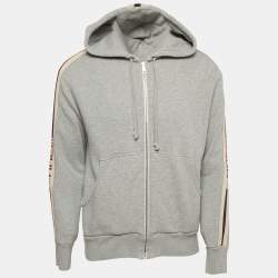 Pre Owned Gucci Grey Cotton Knit Contrast Trim Detail Hooded Zip-Up Sweatshirt M