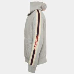 Pre Owned Gucci Grey Cotton Knit Contrast Trim Detail Hooded Zip-Up Sweatshirt M