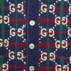 Gucci Navy Blue GG Check Wool Knit Button Front Cardigan M