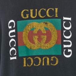 Pre Owned Gucci Black Logo Print Distressed Cotton Crew Neck Sweatshirt XL