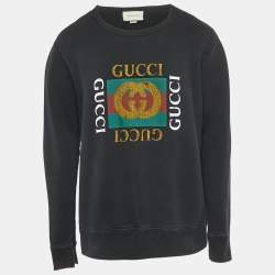 Pre Owned Gucci Black Logo Print Distressed Cotton Crew Neck Sweatshirt XL