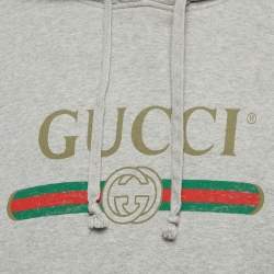 Pre Owned Gucci Grey Vintage Logo Print Cotton Knit Hoodie XL