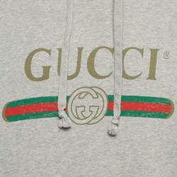 Pre Owned Gucci Grey Vintage Logo Print Cotton Knit Hoodie XL