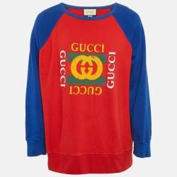 Pre Owned Gucci Blue/Red Vintage Logo Print Cotton Knit Crewneck Sweatshirt XL