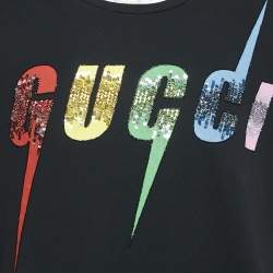 Pre Owned Gucci Black Logo Print Jersey Sequin Detail T-Shirt M