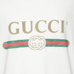 Gucci White Logo Print Cotton Round Neck T-Shirt L