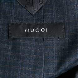 Pre Owned Gucci Navy Blue Plaid Wool Tailored Pants Suit XXXL