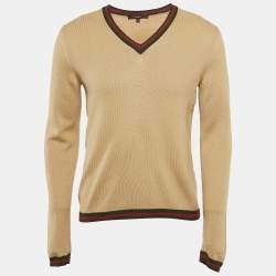 Gucci Beige Wool Web Detail V-Neck Long Sleeve Unisex Sweater M