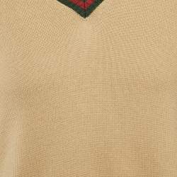 Gucci Beige Wool Web Detail V-Neck Long Sleeve Unisex Sweater M