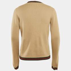 Gucci Beige Wool Web Detail V-Neck Long Sleeve Unisex Sweater M