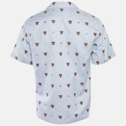 Pre Owned Gucci Blue Tiger Embroidered Cotton Bowling Shirt S