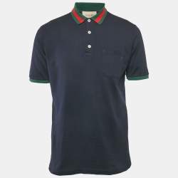 Gucci Navy Blue Web Collar Cotton Pique Polo T-Shirt S