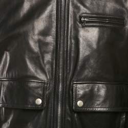 Pre Owned Gucci Black Leather Shearling Bomber Jacket XL