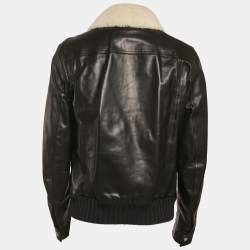 Pre Owned Gucci Black Leather Shearling Bomber Jacket XL