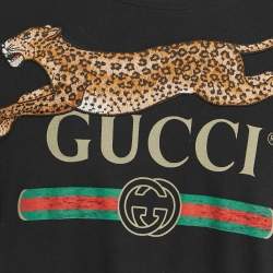 Pre Owned Gucci Black Logo Print Cotton Leopard Patch Detail Distressed T-Shirt M