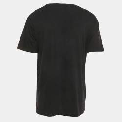 Pre Owned Gucci Black Logo Print Cotton Leopard Patch Detail Distressed T-Shirt M