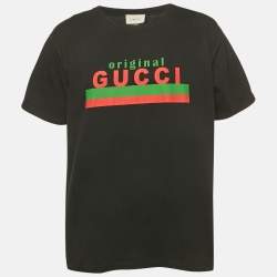 Gucci Black Flower Embroidered Print Distressed Cotton Crew