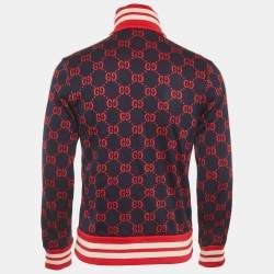 Pre Owned Gucci Navy Blue GG Jacquard Cotton Knit Zip-Up Jacket S