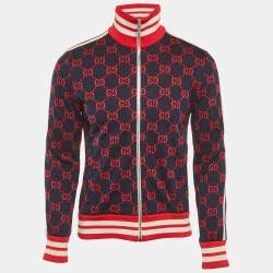Pre Owned Gucci Navy Blue GG Jacquard Cotton Knit Zip-Up Jacket S