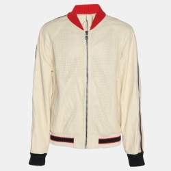 Pre Owned Gucci Cream Perforated Leather Logo Print Bomber jacket XL