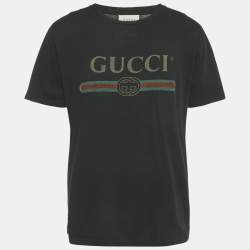 Pre Owned Gucci Black Logo Print Distressed Cotton Crew Neck T-Shirt S