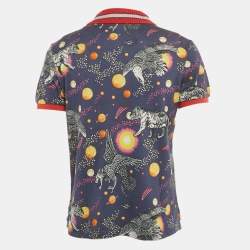 Pre Owned Gucci Blue Space Print Pique Rib Collar Polo T-Shirt M