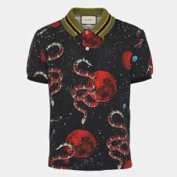 Pre Owned Gucci Navy Blue Space and Snake Printed Cotton Polo T-Shirt M