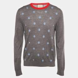 Pre Owned Gucci Grey Bee Intarsia Wool Knit Crew Neck Sweater XL
