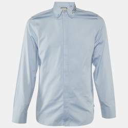 Pre Owned Gucci Blue Chambray Cotton Embroidered Collar Button Down Shirt M