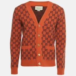 Pre Owned Gucci Orange GG Jacquard Wool Cardigan S