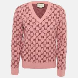 Pre Owned Gucci Pink GG Jacquard Wool V-Neck Sweater M