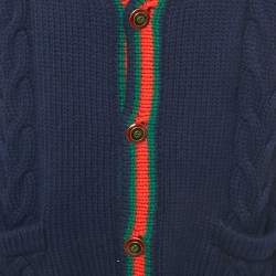 Pre Owned Gucci Navy Blue Web Intarsia Cable Knit Cardigan XL