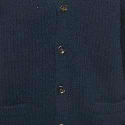 Pre Owned Gucci Navy Blue Logo Intarsia Cable Knit Cardigan L