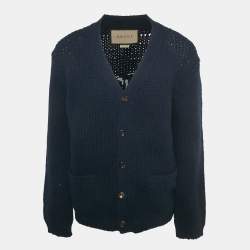 Pre Owned Gucci Navy Blue Logo Intarsia Cable Knit Cardigan L