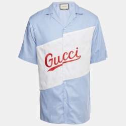 Pre Owned Gucci Light Blue Logo Embroidered Cotton Oversized Script Bowling Shirt M