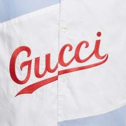 Pre Owned Gucci Light Blue Logo Embroidered Cotton Oversized Script Bowling Shirt M