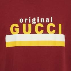 Pre Owned Gucci Burgundy Logo Print Jersey Crewneck T-Shirt XL
