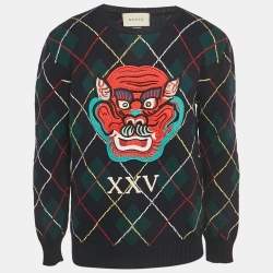 Pre Owned Gucci Blue/Green Applique Argyle Wool Sweater L