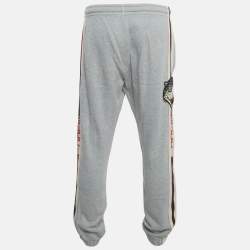 Pre Owned Gucci Grey Side Stripe Cotton Tiger Applique Joggers L