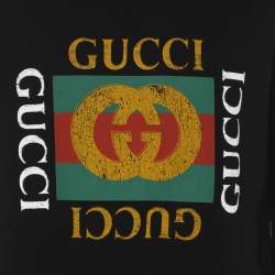 Pre Owned سويت شيرت غوتشي بطباعة شعار فينتاج قطن محبوك أسود، تصميم متآكل مقاس صغير