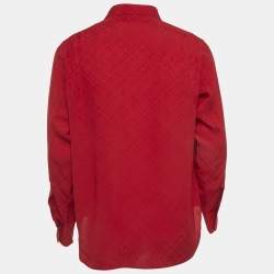 Pre Owned Gucci Red GG Jacquard Silk Pointed Collar Shirt S