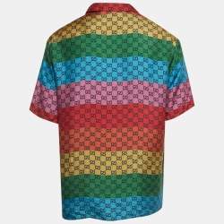 Pre Owned قميص غوتشي حرير مطبوع بشعار متعدد الألوان بأكمام قصيرة مقاس كبير - لارج
