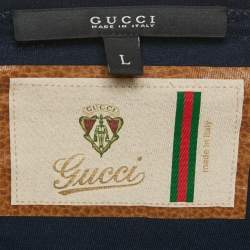 Pre Owned Gucci Blue Leather Shoulder Trim Jersey T-Shirt L