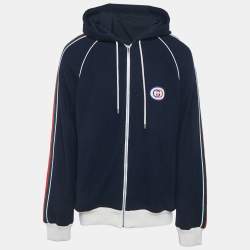 مملوكة مسبقًا Gucci Blue Web Trim Textured Knit Hooded Jacket XL