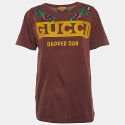 Pre Owned Gucci Dapper Dan Brown Logo Print Jersey Sequin T-Shirt XS